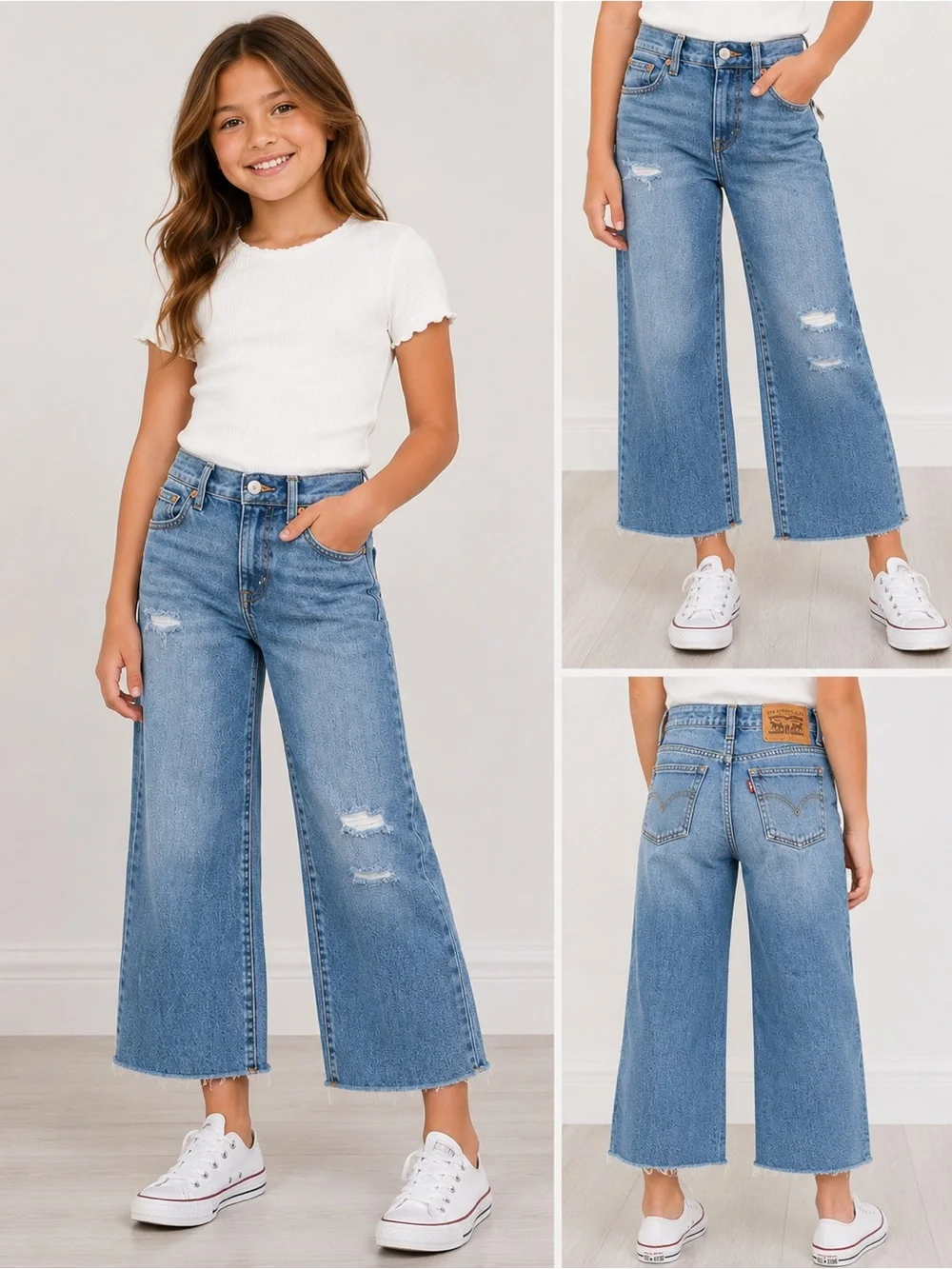 Levi's Girls Light Blue Wide-Leg Distressed Cropped Jeans